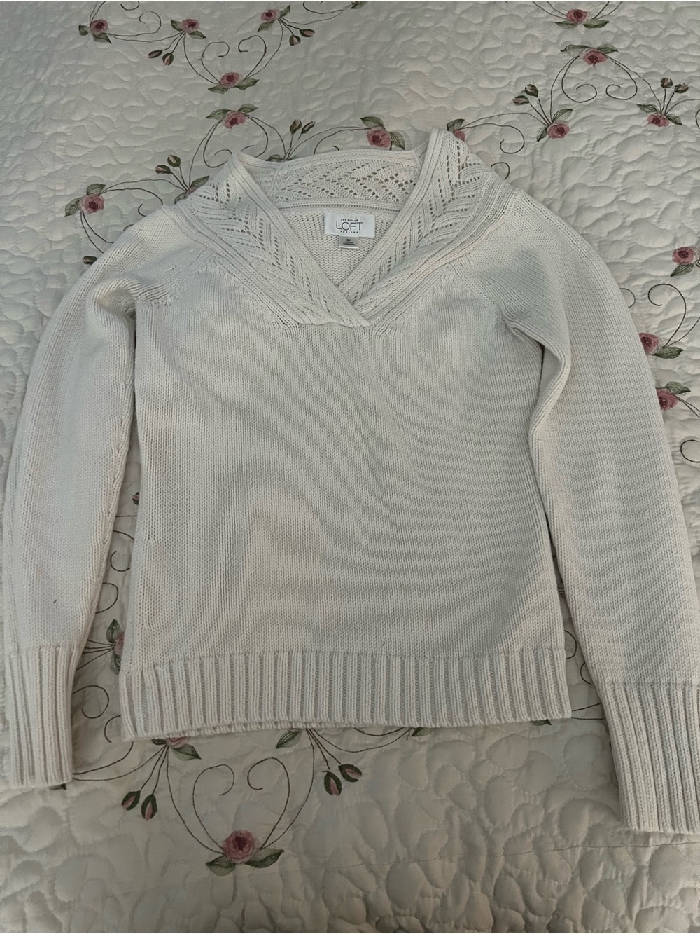 Cream V-Neck Cable Trim Sweater
